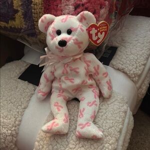 Ty Pink Breast Cancer Ribbon Teddy Bear Beanie Baby Giving
